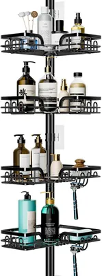 Produktbild von PolkaHome® Teleskop-Duschregal Eckregal ohne Bohren, höhenverstellbar 67-275 cm, 4 Ablagen & 22 Haken, Edelstahl Schwarz