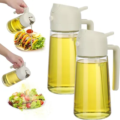Produktbild von 2 in 1 Ölsprüher für Speiseöl,2 Stück 470ml Öl Sprühflasche,Glas Öl Flasche Können Ölspray und Gießen,Öl Zerstäuber für Kochen Grillen Backen Heißluftfritteuse(Weiß)
