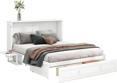 Produktbild von Merax Mobiles Schrankbett 140x200 mit Schublade und Seitenregal, umwandelbares Plattformbett, Wandbett, Wandklappbett, platzsparend, Weiß