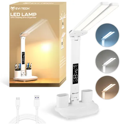 Produktbild von Doppel-LED Schreibtischlampe mit Akku & LCD Display, 6in1 Tischlampe mit Uhr, Termometer & Organizer, Touch-Steuerung, USB-C, Weiß, EVI TECH 40 LEDs