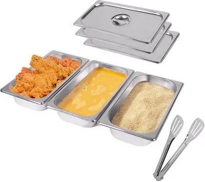 Productafbeelding van Ibenzoa® 3-delige set roestvrijstalen paneerschalen met deksels, 2,5 liter per schaal, 32,5 x 17,5 x 6,5 cm, geschikt voor gebruik in de oven tot 180°C, stapelbaar, vaatwasmachinebestendig