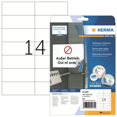 Obrázok produktu pre HERMA Special - papier - matný - samolepiaci, odstrániteľné lepidlo - biely - 105 x 42,3 mm 350 štítkov (25 listov x 14) štítkov