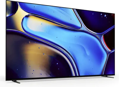 A modern flat-screen television with a black bezel and stand, displaying a colorful abstract image.