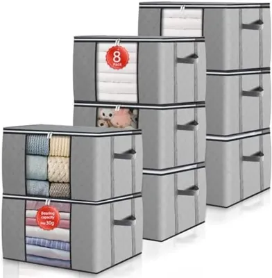 Produktbild von PolkaHome® 90-Liter-Aufbewahrungsbox, 8 Stück, Aufbewahrungsbox mit Deckel, große verstärkte Griffe, Kleider-Umzugskartons für Bettdecken