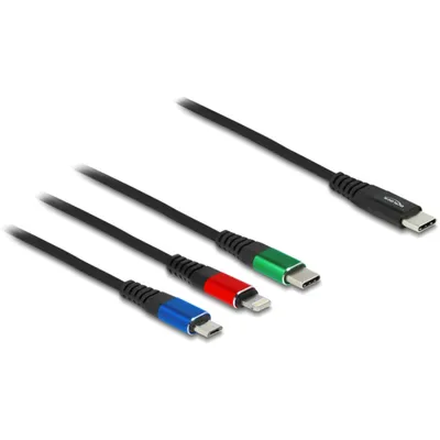 Produktbild von DeLOCK USB Ladekabel 3 in 1 USB Type-C™ zu Lightning™ / Micro USB / USB Type-C™ 30 cm, 0,3 m, USB C, USB C/Micro-USB B/Lightning, USB 2.0, Schwarz, Blau, Grün, Rot