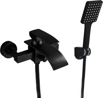 A black bathroom faucet and showerhead set against a white background.