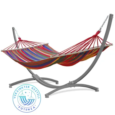 Produktbild von Potenza Outdoor Hängematte mit Gestell für 2 Personen I Stabhängematte XXL 220x160, 200kg I Verzinkter Grau Hängemattengestell 220kg Wetterfest