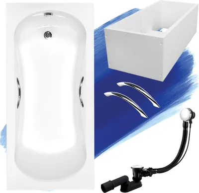 A collage of a bathtub and its accessories, including a drain kit and handles, set against a blue background.