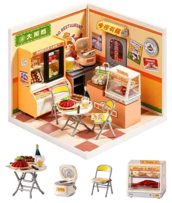 Produktbild von Zimilo DIY Miniatur Bausatz Imbissstand mit LED Beleuchtung: Kreatives Puppenhaus Set fuer Erwachsene, perfekte Kulisse fuer Actionfiguren & Sammler