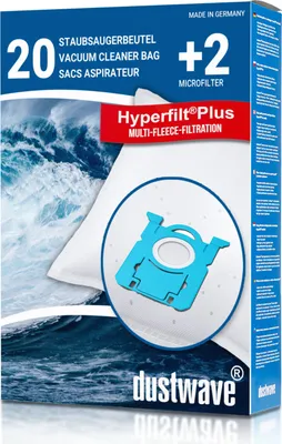 A product box for vacuum cleaner bags with a depiction of waves and a vacuum cleaner bag.