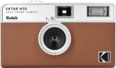 A front view of a Kodak Ektar H35 half-frame camera with a brown leather-like finish.