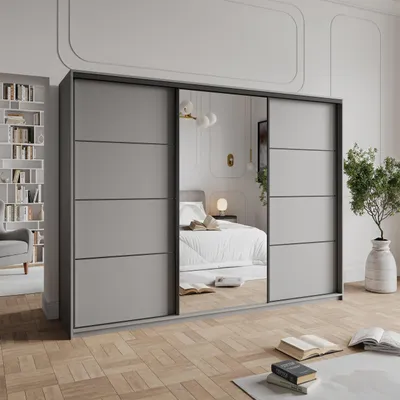 Produktbild von Masseno Schiebetürenschrank VARO 250/205/60 cm Kleiderschrank mit 4 Schubladen Schlafzimmer Schrank 3-türig mit Spiegel Graphitfarben