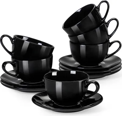 Produktbild von Porzellan Tassen Set, LOVECASA Kaffeetassen mit Untertassen für 6 Personen, Teetassen, Cappuccino, Espresso. schwarz