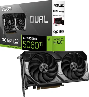 Immagine prodotto di Scheda grafica ASUS DUAL GeForce RTX 5060 Ti OC, modello DUAL-RTX5060TI-O8G, con 8 GB di memoria GDDR7 e connettori DP/HDMI