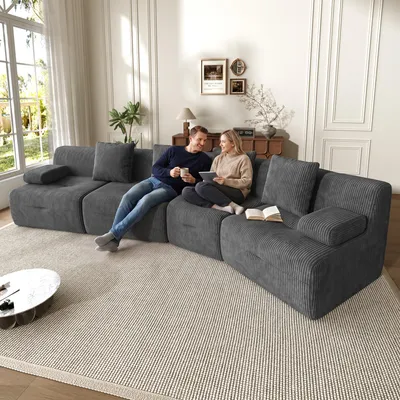 Produktbild von Merax Modulares Sofa 4-Sitzer aus Cordstoff, 4 frei kombinierbare Sitzmodule, Kompressionssofa ohne Montage, 400 kg belastbar, 311×90×65 cm, Grau
