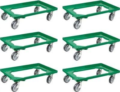 Produktbild von SparSet 6x Transportroller für Euroboxen 60x40cm mit Gummiräder grün | Offenes Deck | 4 Lenkrollen | Traglast 300kg | Kistenroller Logistikroller Rollwagen Profi-Fahrgestell