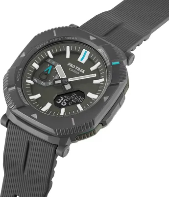 A close-up, angled shot of a Casio Pro Trek watch against a white background.