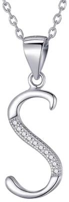 Productafbeelding van Morella damesketting, zilver met een hanger met de letter S, 925 zilver, verguld met rhodium, bezet met witte zirkonia steentjes, 45 cm lang