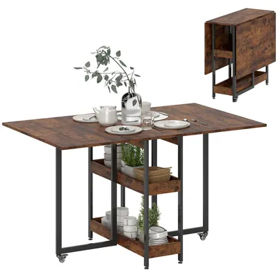 Immagine prodotto di Tavolo da pranzo pieghevole per la cucina, adatto per 2-4 persone, con 2 ripiani a giorno, dotato di rotelle, struttura in metallo, dimensioni 133,4 x 80 x 75 cm, colore marrone rustico