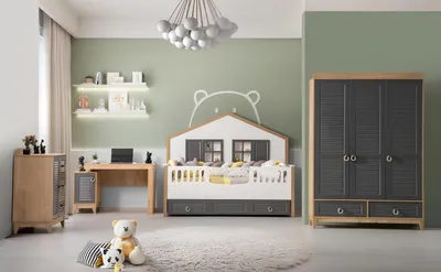 Produktbild von Komplette Kindermöbel Bett Holz Set 4tlg Kinderzimmer Grau