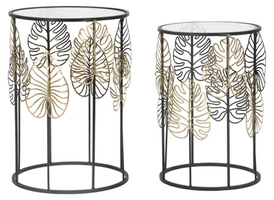 Immagine prodotto di Coppia Tavolinetti Foglie Glam Struttura in Metallo Nero e Piano in Vetro - Ø 38x55 e 33x50 cm - Design Naturale Oro e Nero per Interni di Classe
