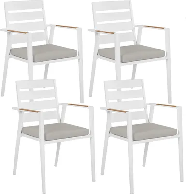 Produktbild von BELIANI Gartenstuhl 4er Set Weiß Aluminium mit Sitzkissen Grau Stoff Armlehnen Holzoptik Stapelbar Modern Outdoor Indoor Terrasse Balkon Ausstattung