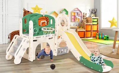 Image de Structure de jeux pour enfants avec toboggan, tunnel, échelle et panier de basket. Montage facile et rangement pratique pour les tout-petits.