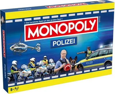 The image shows the box of a Monopoly board game with a police theme.
