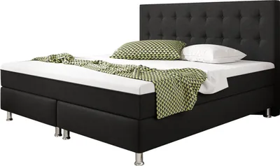 Produktbild von Boxspringbett Köln Plus 180x200 cm Webstoff Schwarz mit Topper-Optik