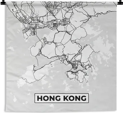 Produktbild von MuchoWow® Wandteppich Wandbehang Hongkong - Stadtplan - Schwarz und weiß - Karte 60x60 cm Tapisserie Dekoration Wandtuch - Dekorationen - Wand Decke