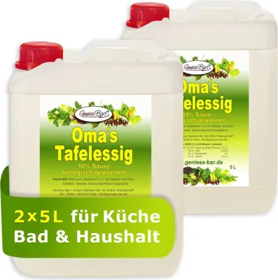 Produktbild von 2x 5L Oma`s Tafelessig 10% Säure / Geschmacks Sieger für die gute Küche / Biologisch gewonnen / Glanz im Bad / Entkalken ohne Chemie / Premium Haushaltsessig