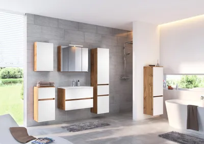 Produktbild von Badezimmer Komplett Set LOUROSA-03 in Wotaneiche Nb. mit matt weiß inkl. LED Beleuchtung, Mineralgussbecken, B/H/T: ca. 200/200/47 cm