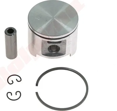 A set of engine piston components on a white background.