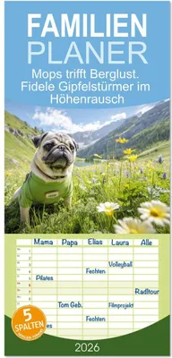 Produktbild von Familienplaner 2026 - Mops trifft Berglust. Fidele Gipfelstürmer im Höhenrausch mit 5 Spalten (Wandkalender, 21 x 45 cm) CALVENDO