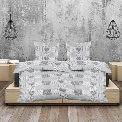 Produktbild von Seersucker Bettwäsche 4er Set 135 x 200 cm mit Reißverschluss in Grau kariert mit Herzen