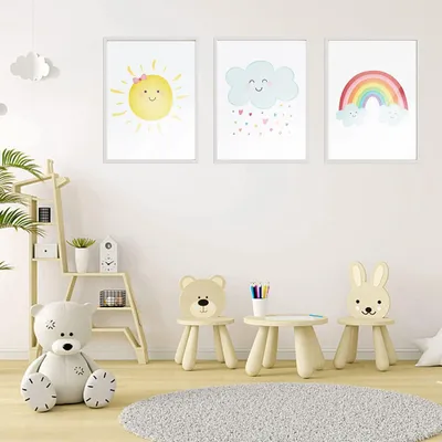 Produktbild von Kinderzimmer Poster, Boho Wanddekoration, für Babyzimmer, mit Regenbogen, Wolken und Sonne, auf Leinwand