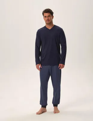Produktbild von Henderson Herren Pyjama - Langarm & Lange Hose, 100% Baumwolle, Atmungsaktiv & Elastisch, Ideal für Herbst/Winter, Dunkelblau mit Schwarzem Muster, Komfortabler Elastischer Bund, Premium Linie XXL