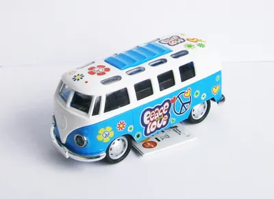 Produktbild von VOLKSWAGEN Bus T1 "Flower Power" VW mit Licht/Ton Rückzug Modell Modellauto Spielzeugauto Hippie 01 (Blau/Weiss)