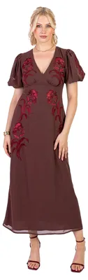 Produktbild von Damenlanges, braunes Maxikleid mit Stickereien, V-Ausschnitt, Puffärmeln und A-Linien-Schnitt, ideal für Abendveranstaltungen