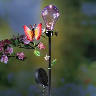 Produktbild von LED Solar Gartenstecker Glühbirne mit Schmetterling - 5 warmweiße LED - H: 84cm - Lichtsensor