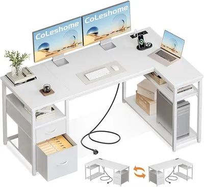 Zdjęcie produktu dla Biurko z 2 szufladami i półką, 140x80 cm. Kątowe biurko z miejscem do przechowywania i gniazdkiem elektrycznym, biurko gamingowe, które można odwrócić, idealne do pracy w domu i do pokoju rodzinnego, kolor biały. Biurko w kształcie litery L z półką, kątowe biurko z gniazdkiem elektrycznym i portami USB, idealne do pracy w domu i do gier