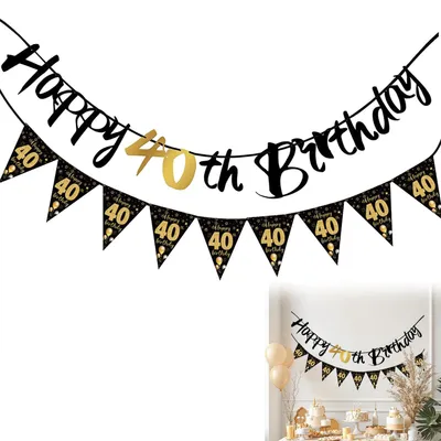 Image de Bannière d'anniversaire - Avec le chiffre 40 et guirlande de fanions - Décoration pour fête - Noir et or