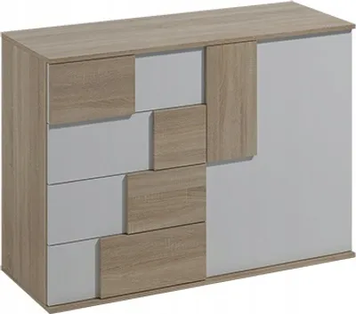 Produktbild von Masseno Kommode ESTRADA 121 cm Sideboard mit 4 Schubladen und 1 Türen für Wohnzimmer Schlafzimmer Modern 121x45x85 cm Sonoma Eiche / Weiß