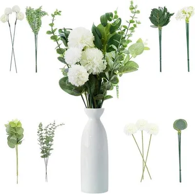 Produktbild von 55 Stück künstliche Blumen und Zweige, weiße Blumen, Blätter, dekorative Kunstzweige, Seidenblumen