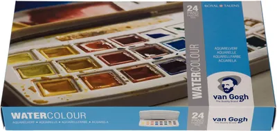 A close-up view of a watercolor paint set box, showing the product packaging and a glimpse of the paint pans inside.