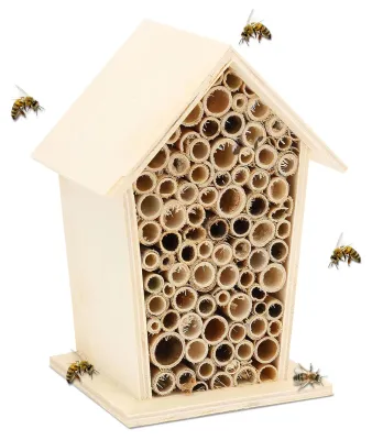 Insektenhotel aus Holz mit Bambus-Neströhren, wetterfest, 11,6x9,5x7 cm