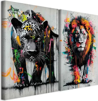 Zdjęcie produktu dla murando - Zestaw obrazów akustycznych Pantera i lew 120x90cm 2 sztuki po 60x90cm Kolaż 2er Pianka akustyczna Wyciszające panele akustyczne Duża grafika ścienna XXL Pokój dzienny - Kolorowy g-H-10132-b-a