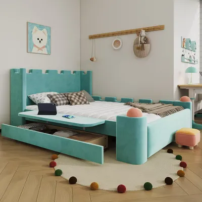 Obrázok produktu pre Detská posteľ Flieks 140 × 200 cm so zásuvkou, čalúnená posteľ so sklopnou bočnou odkladacou plochou, drevená dvojposteľ s lamelovým roštom a čelom, zamat, modrá