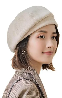 Produktbild von Baskenmütze Damen Winter Warm Wolle Mischung Achteckig Plaid Barett Cap 56-58 Weiß