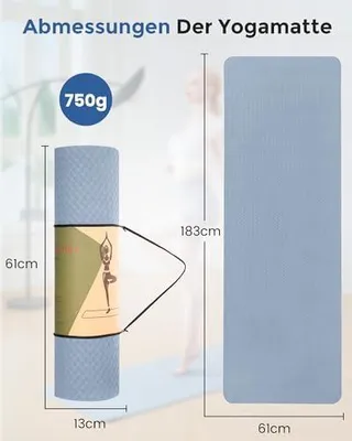 Produktbild von Yogamatte rutschfest Fitnessmatte Umweltfreundliche TPE-Sportmatte mit Tragegurt Gymnastikmatte für Pilates Yoga Workout 183 x 61 x 0,6 cm
